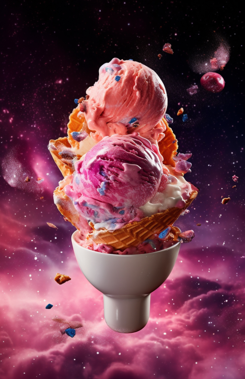 Galaxy Ice Cream in a cup with sprinkles in outer space